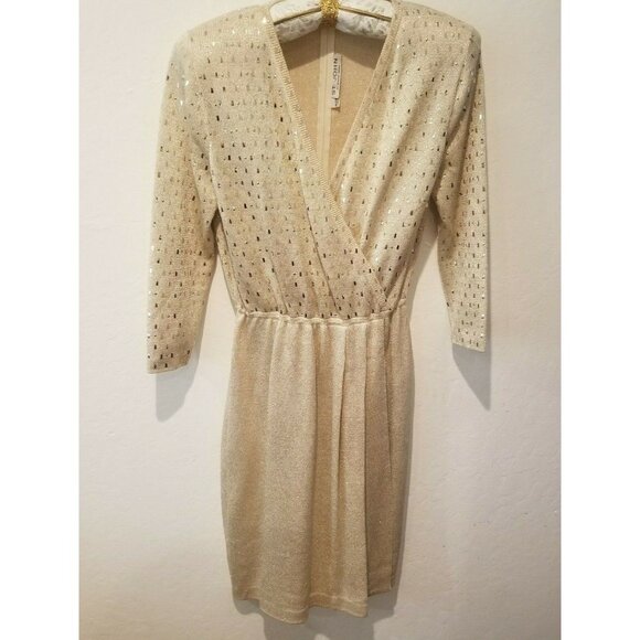 St. John Dresses & Skirts - Vintage St. John by Marie Gray Gold Metallic Santana Knit Dress Long Sleeve Stud